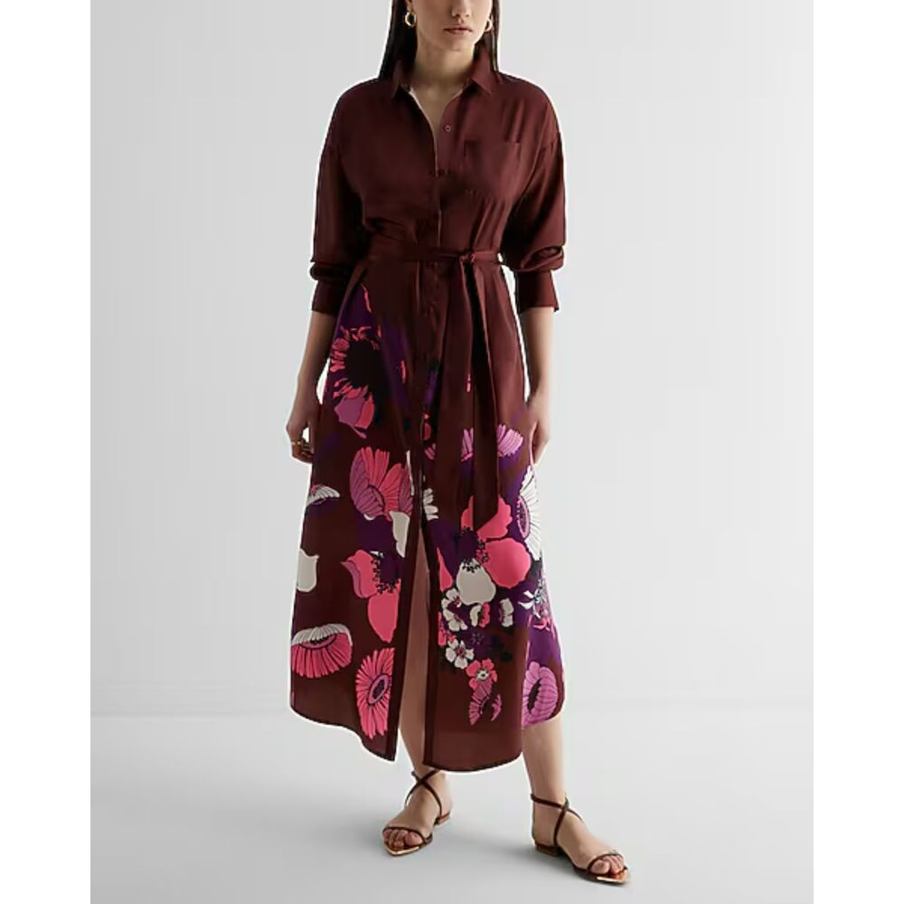 Floral Boyfriend Poplin Portofino Maxi Shirt Dress Art to Wear Maxi Size Small